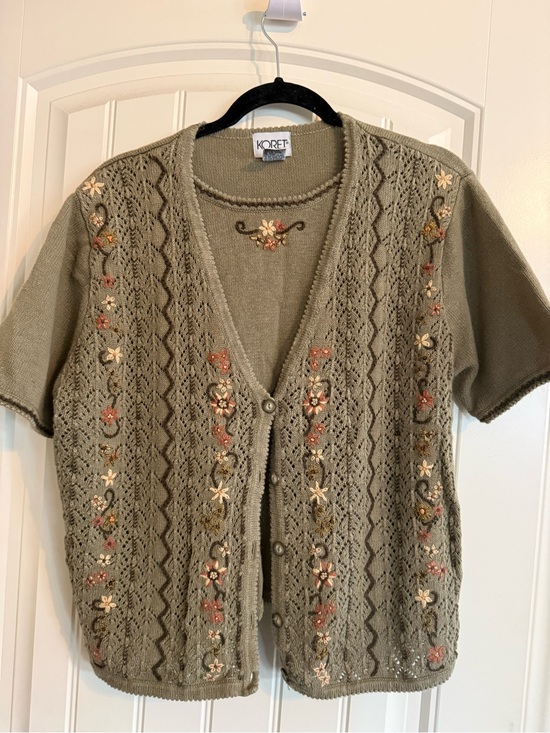 Koret Tops - Koret Olive Green Short-Sleeve Embroidered Knit Cardigan Vintage